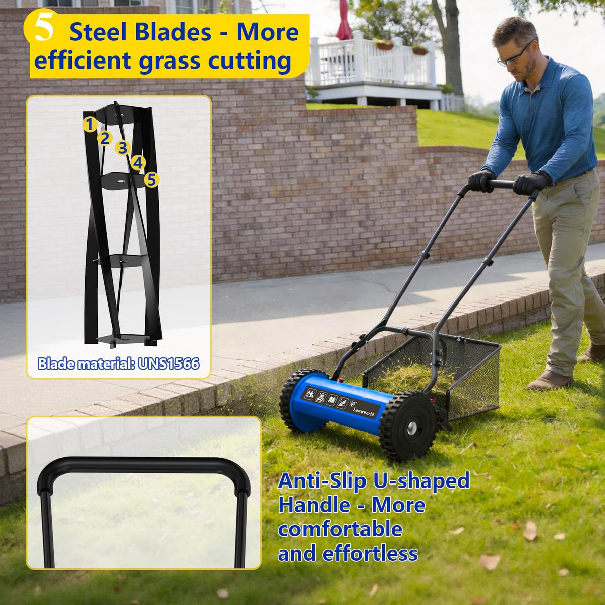 16-Inch Reel Lawn Mower with Grass Catcher and Tool-Blade Adjustment, 5-Blade Manual Push Lawn Mower, 5-Position Height Adjustable