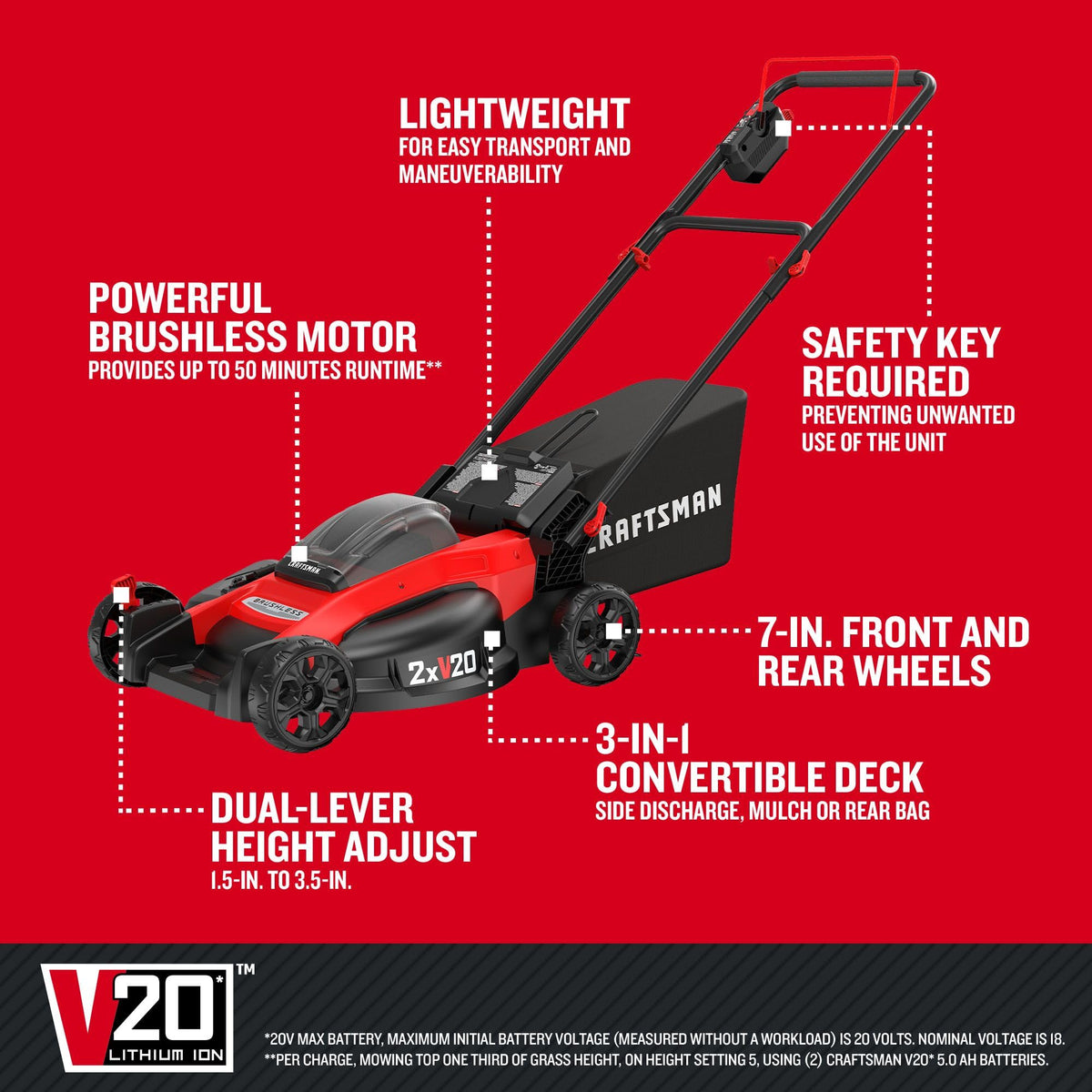 V20 20 in Lawn Mower, 2 x 5Ah Batteries and 2 Chargers Included, High Effeciency Brushless Motor, Push Mower, Up to 50 Min of Runtime, Lightweight, Grass Bag, Low Profile (CMCMW220P2)