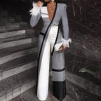 Women's Fashion Geometric Color Block Black And White Gray Stitching High Waist Jumpsuit