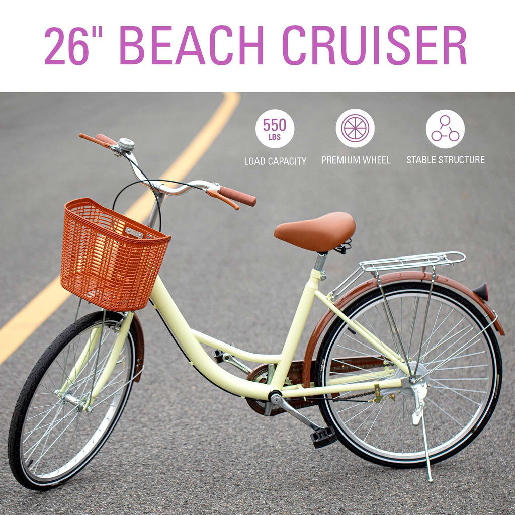 Preenex Girl's Beach Cruiser Bike 26 In. Bicycle Step-through Frame Comfort Ride