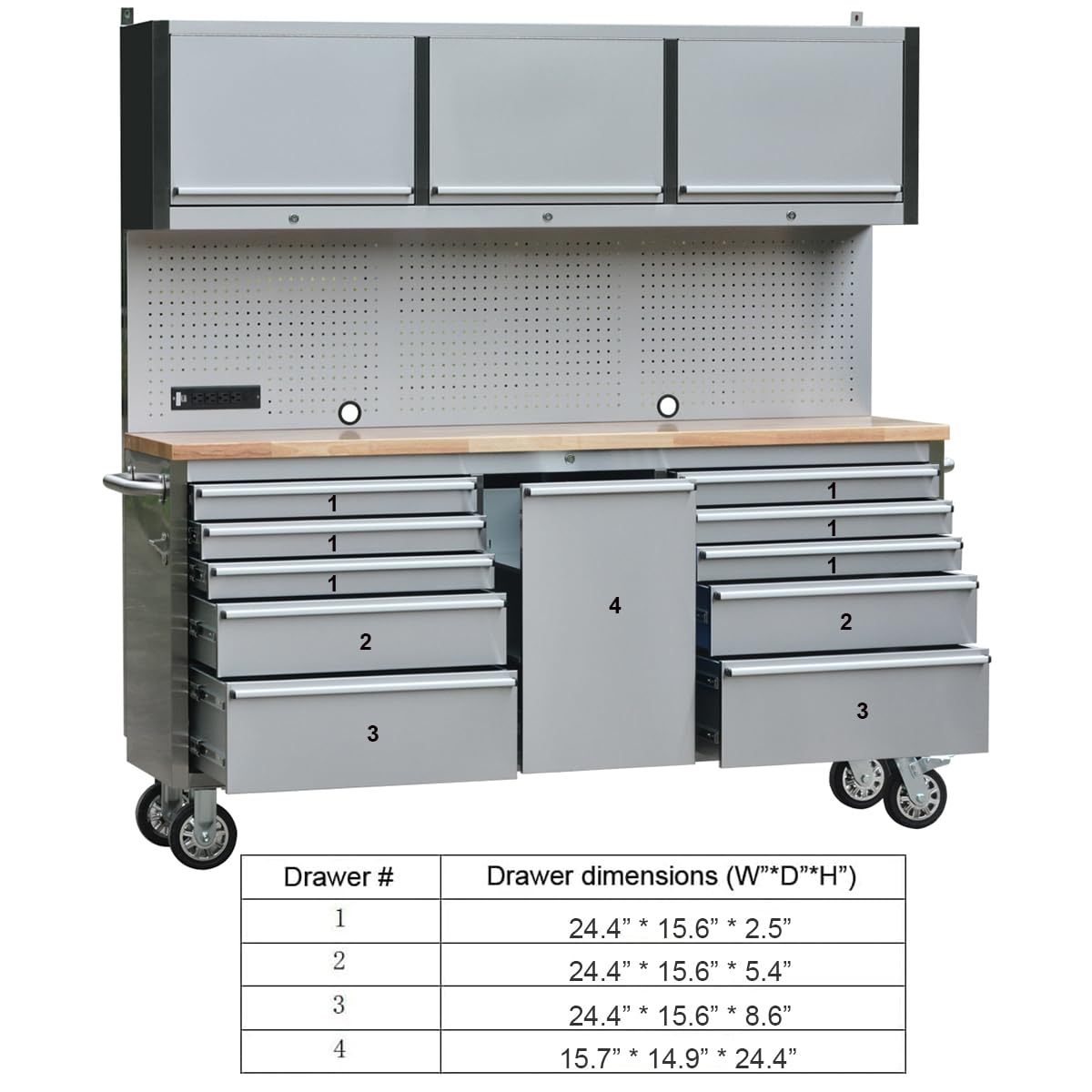 72 inch Rolling Tool Chest with 11 Drawers + 3 Upper Cabinets,  Steel Lockable Tool Cabinet with 6 Blue StoraBins & Power Strip, Assembled Tool Box for Gara(1 × HTC7214W1)