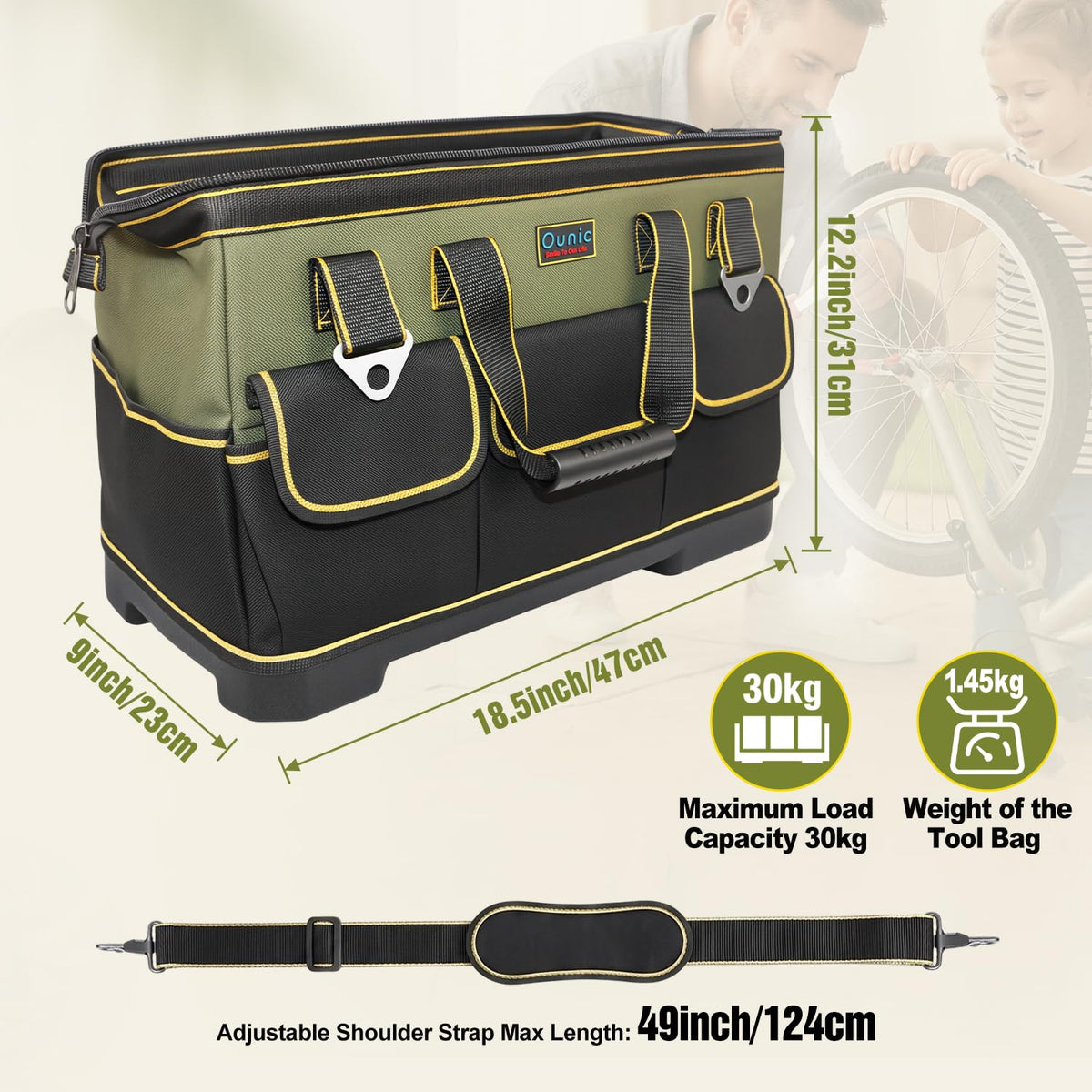 Tool Bag,  18 Inch LarTool Tote Bag Heavy Duty With Waterproof Molded Base, Wide Mouth Tool Box Organizer with Adjustable Shoulder Strap for Electrician Mechanic  Plumbers(Green)