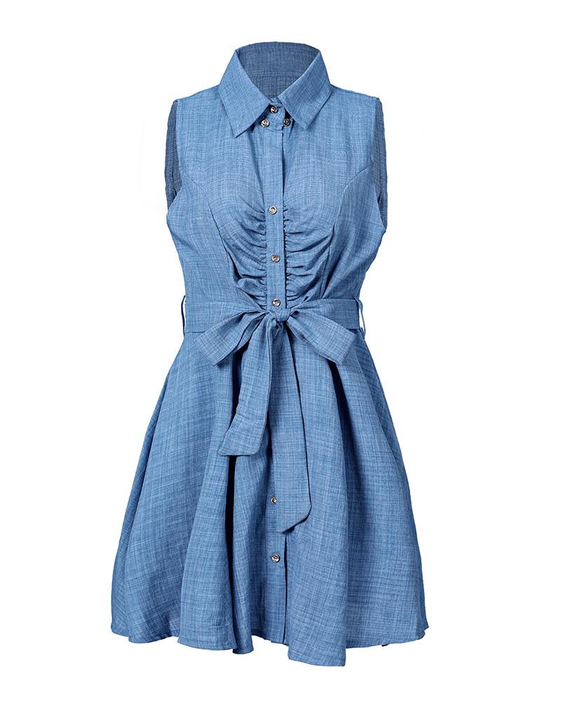 sleeveless v-neck tie waist shirt dress