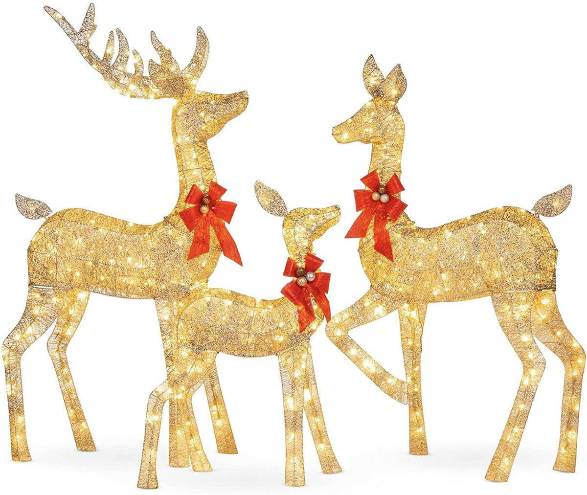 Set of 3 Gold Lighted Deer Family Reindeer Display Outdoor Christmas Yard Decoration Sculpture Yard Art Holiday Winter Display