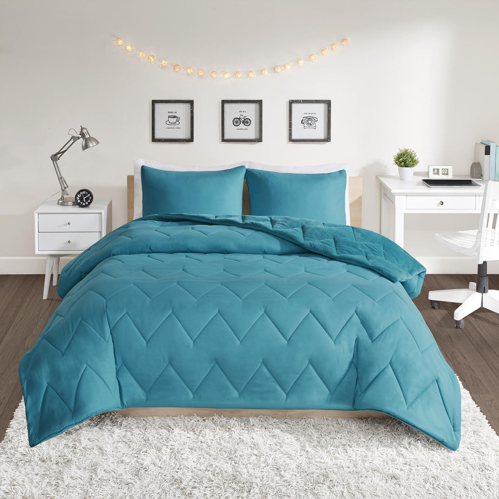 Home Essence Apartment Jasper Solid Chevron Quilted Reversible Microfiber to Cozy Plush Comforter Mini Set, King, Teal