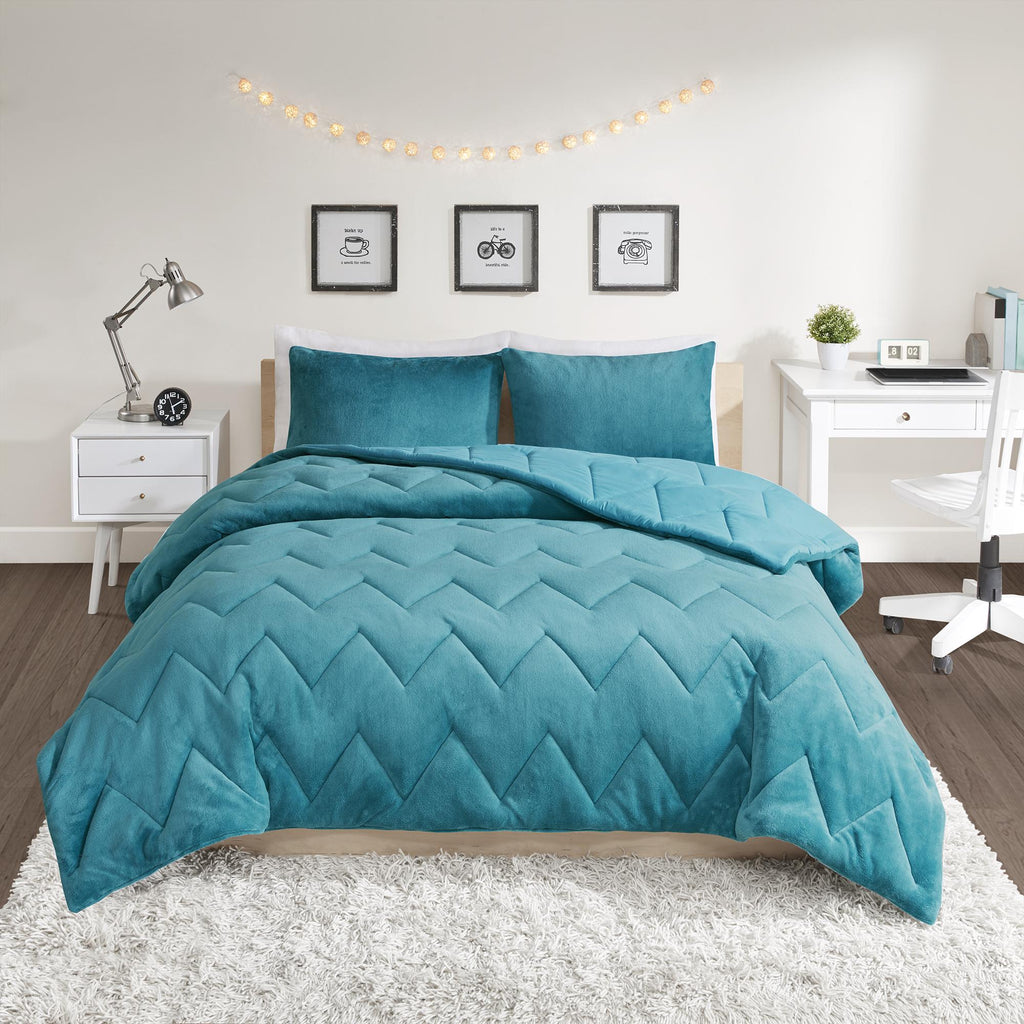 Home Essence Apartment Jasper Solid Chevron Quilted Reversible Microfiber to Cozy Plush Comforter Mini Set, King, Teal