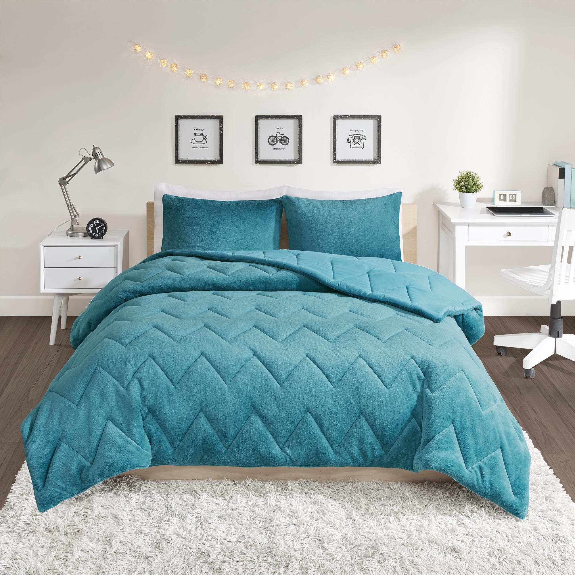 Home Essence Apartment Jasper Solid Chevron Quilted Reversible Microfiber to Cozy Plush Comforter Mini Set, King, Teal