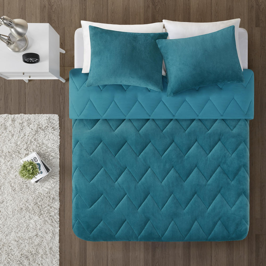 Home Essence Apartment Jasper Solid Chevron Quilted Reversible Microfiber to Cozy Plush Comforter Mini Set, King, Teal