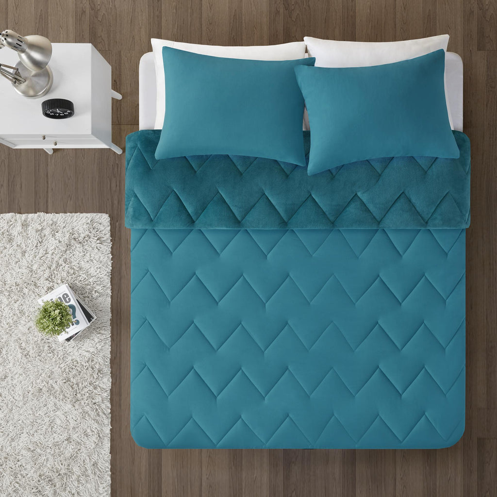 Home Essence Apartment Jasper Solid Chevron Quilted Reversible Microfiber to Cozy Plush Comforter Mini Set, King, Teal
