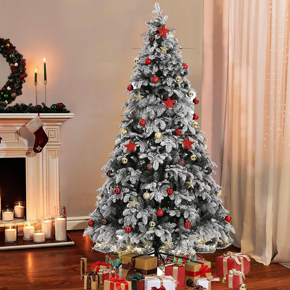 9ft Artificial Christmas Tree Snow Flocked Christmas Tree W/ Colorful Lights,USA