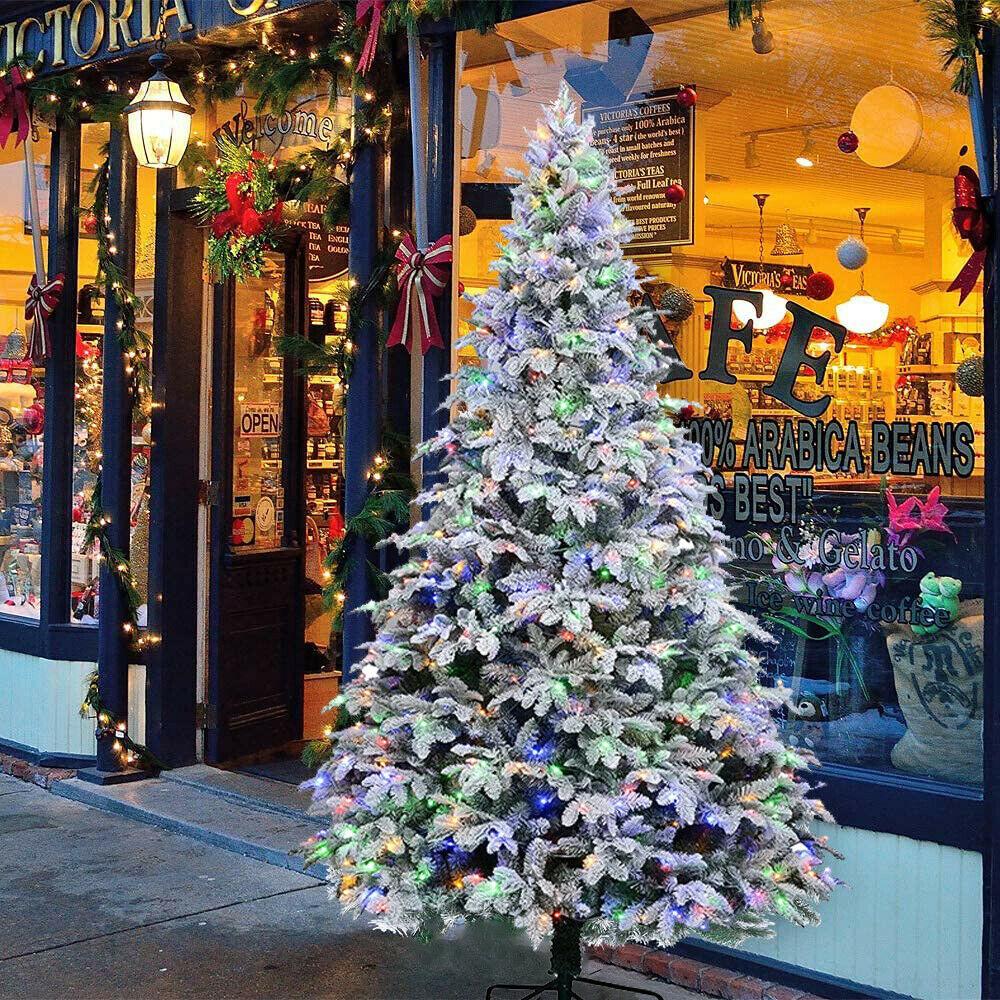 9ft Artificial Christmas Tree Snow Flocked Christmas Tree W/ Colorful Lights,USA