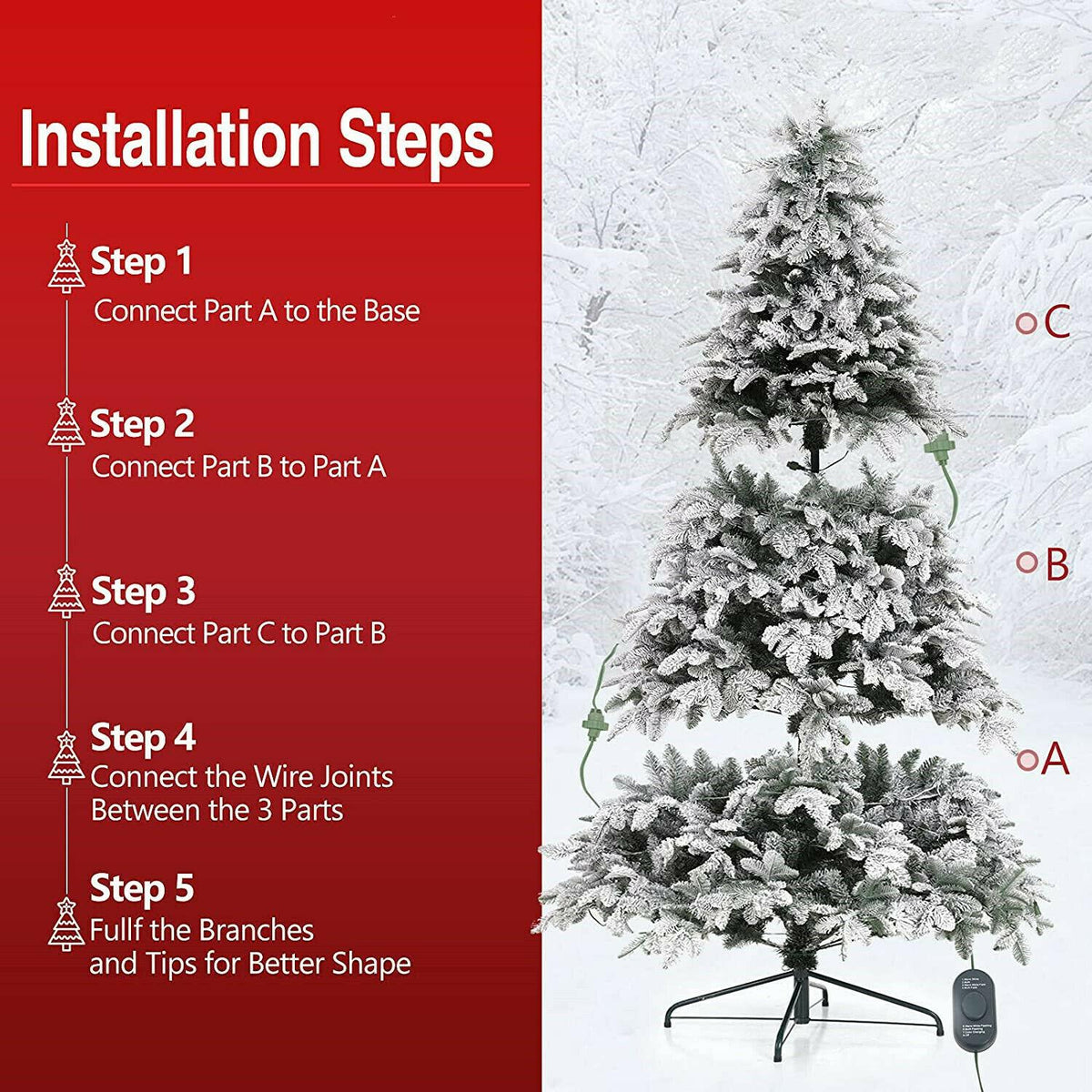 9ft Artificial Christmas Tree Snow Flocked Christmas Tree W/ Colorful Lights,USA