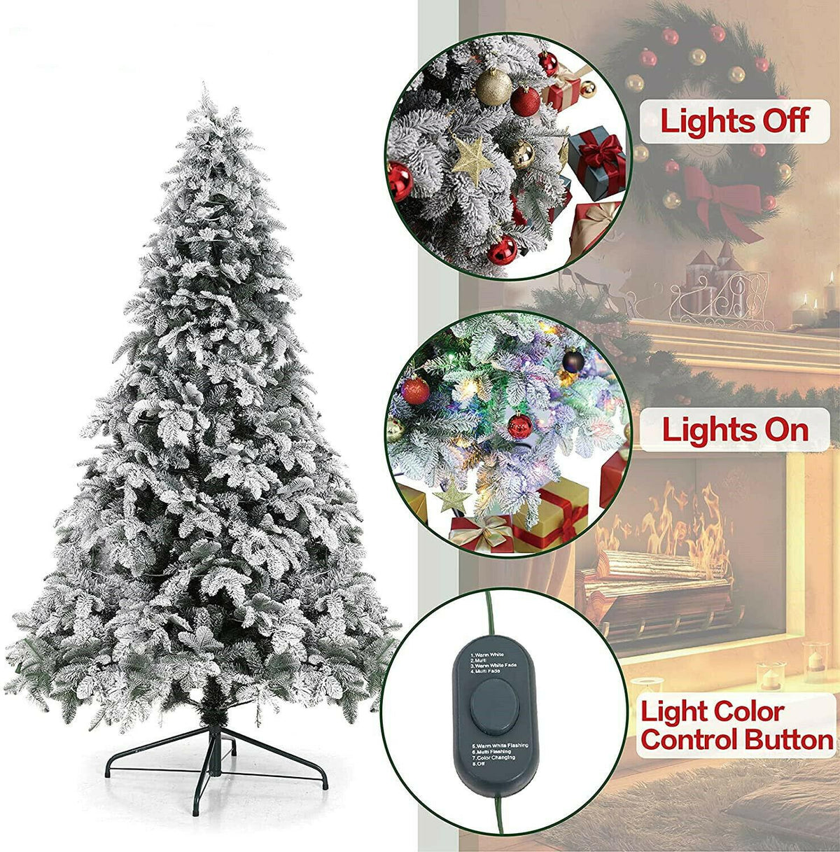 9ft Artificial Christmas Tree Snow Flocked Christmas Tree W/ Colorful Lights,USA