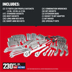 230 Pcs Mechanics Tool Set, Socket Wrench Set, Car Tool Kit with VERSASTACK Toolbox, SAE and Metric,1/4 in, 3/8 in, and 1/2 Drive, Short and Long Arm Hex Keys (CMMT45306)