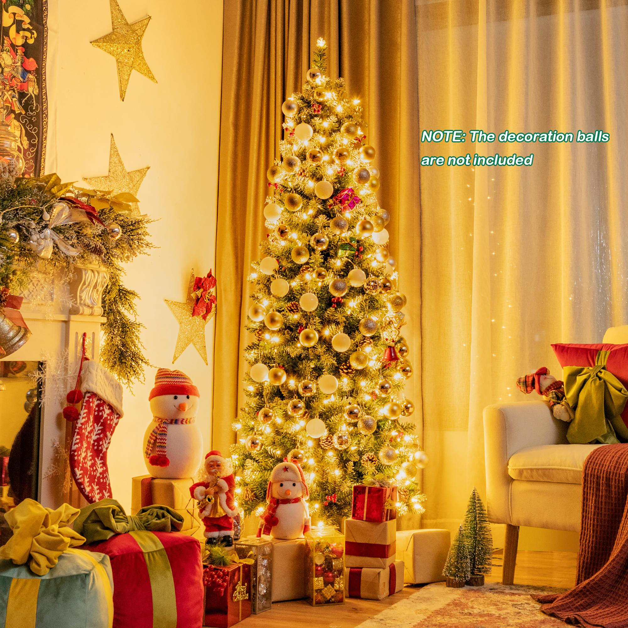 6ft Pre-lit Artificial Hinged Pencil Christmas Tree Decorated Snow Flocked Tips