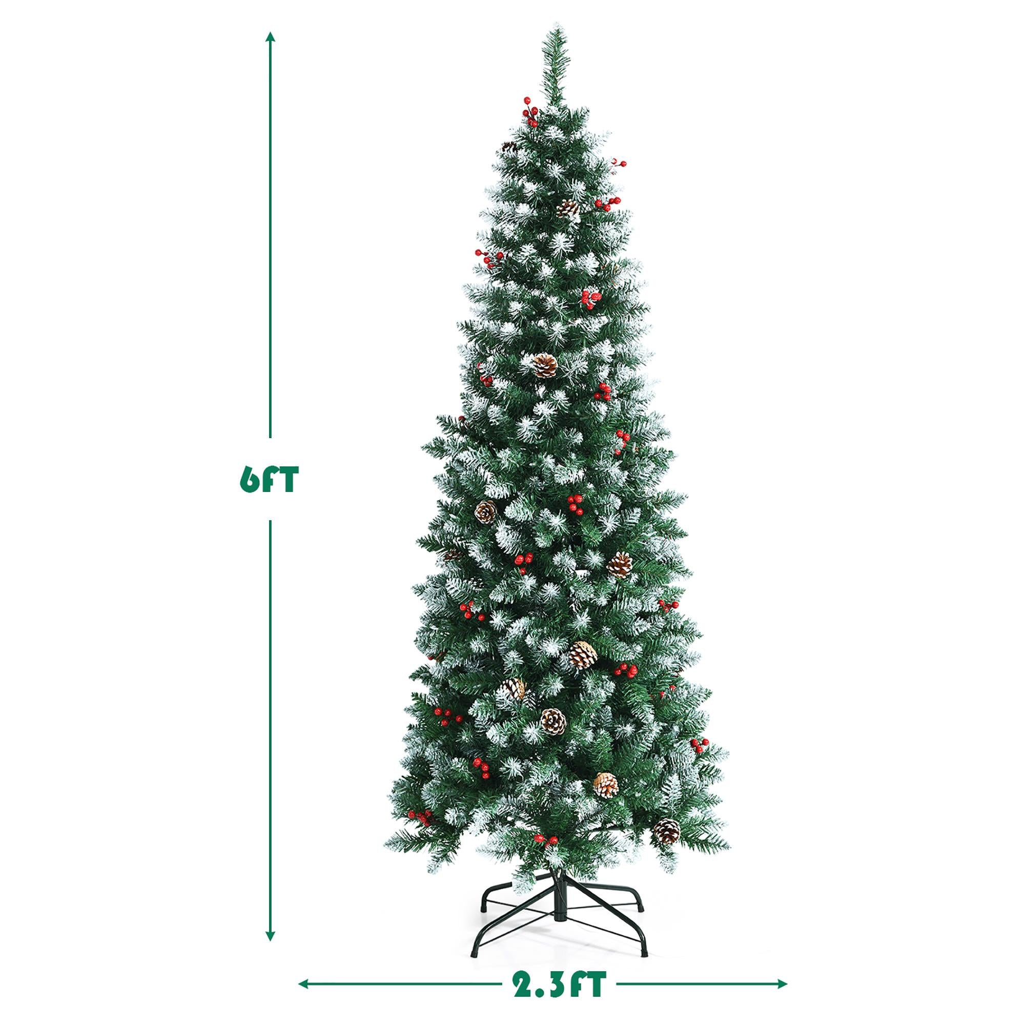 6ft Pre-lit Artificial Hinged Pencil Christmas Tree Decorated Snow Flocked Tips