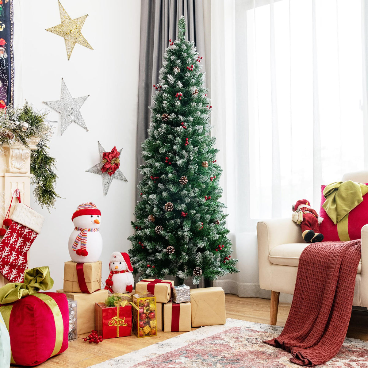 6ft Pre-lit Artificial Hinged Pencil Christmas Tree Decorated Snow Flocked Tips