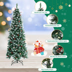 6ft Pre-lit Artificial Hinged Pencil Christmas Tree Decorated Snow Flocked Tips