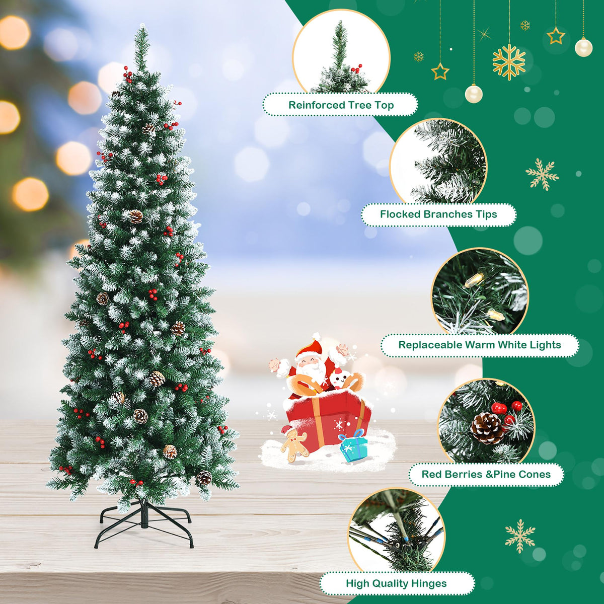 6ft Pre-lit Artificial Hinged Pencil Christmas Tree Decorated Snow Flocked Tips
