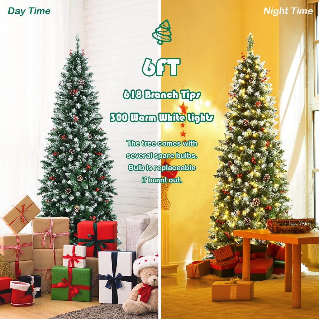 6ft Pre-lit Artificial Hinged Pencil Christmas Tree Decorated Snow Flocked Tips