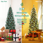 6ft Pre-lit Artificial Hinged Pencil Christmas Tree Decorated Snow Flocked Tips