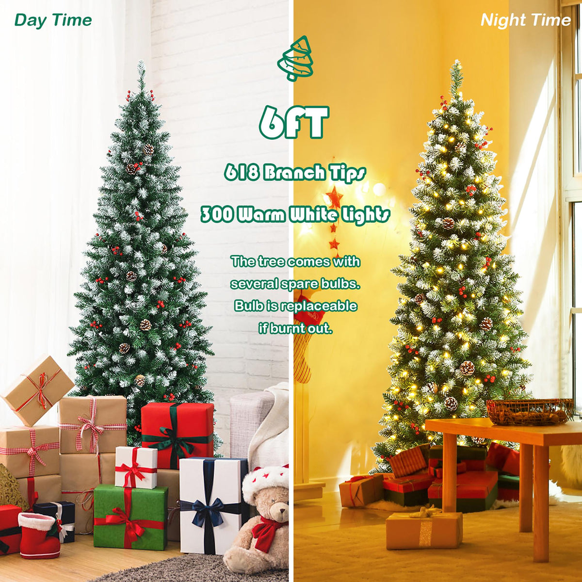 6ft Pre-lit Artificial Hinged Pencil Christmas Tree Decorated Snow Flocked Tips