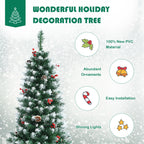 6ft Pre-lit Artificial Hinged Pencil Christmas Tree Decorated Snow Flocked Tips