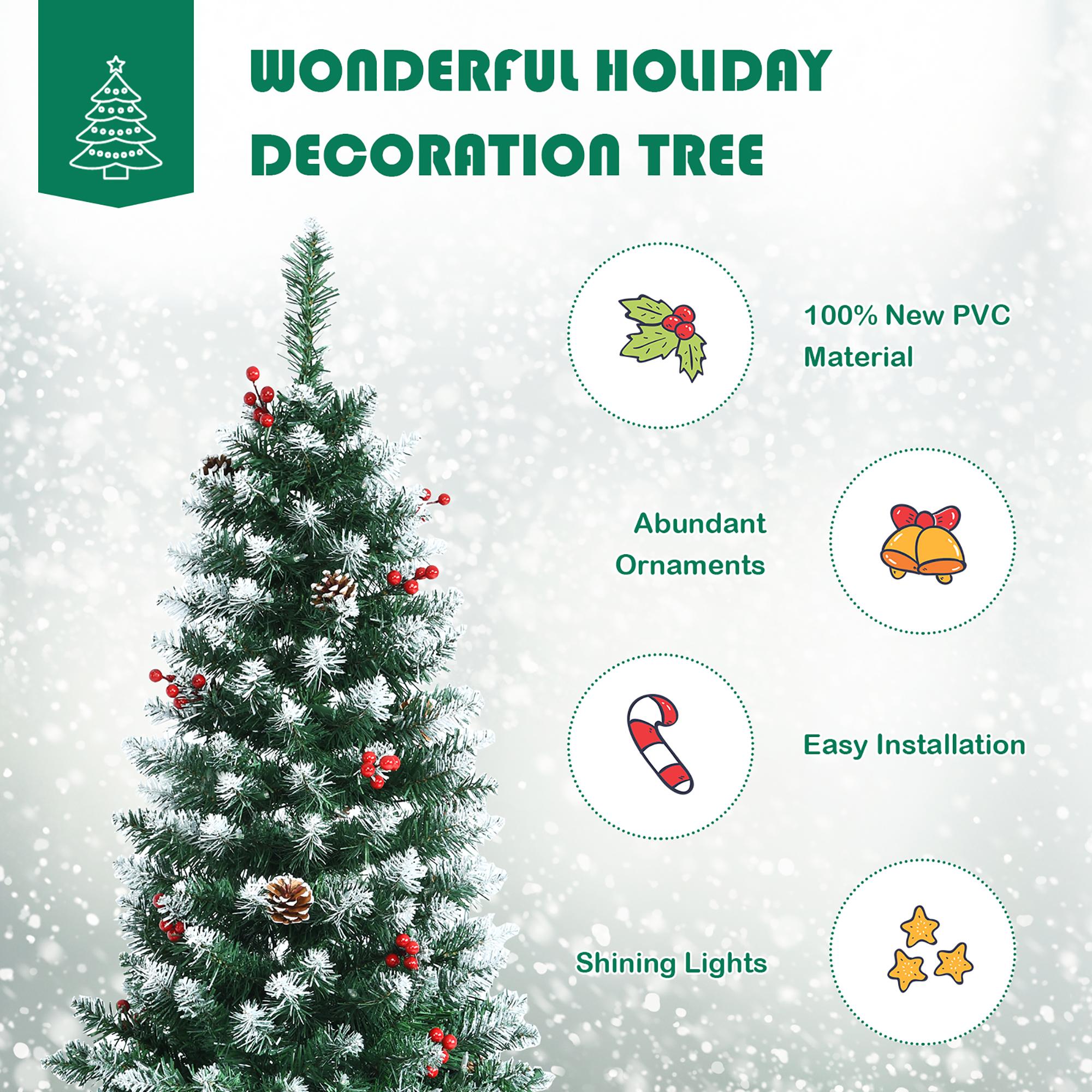 6ft Pre-lit Artificial Hinged Pencil Christmas Tree Decorated Snow Flocked Tips