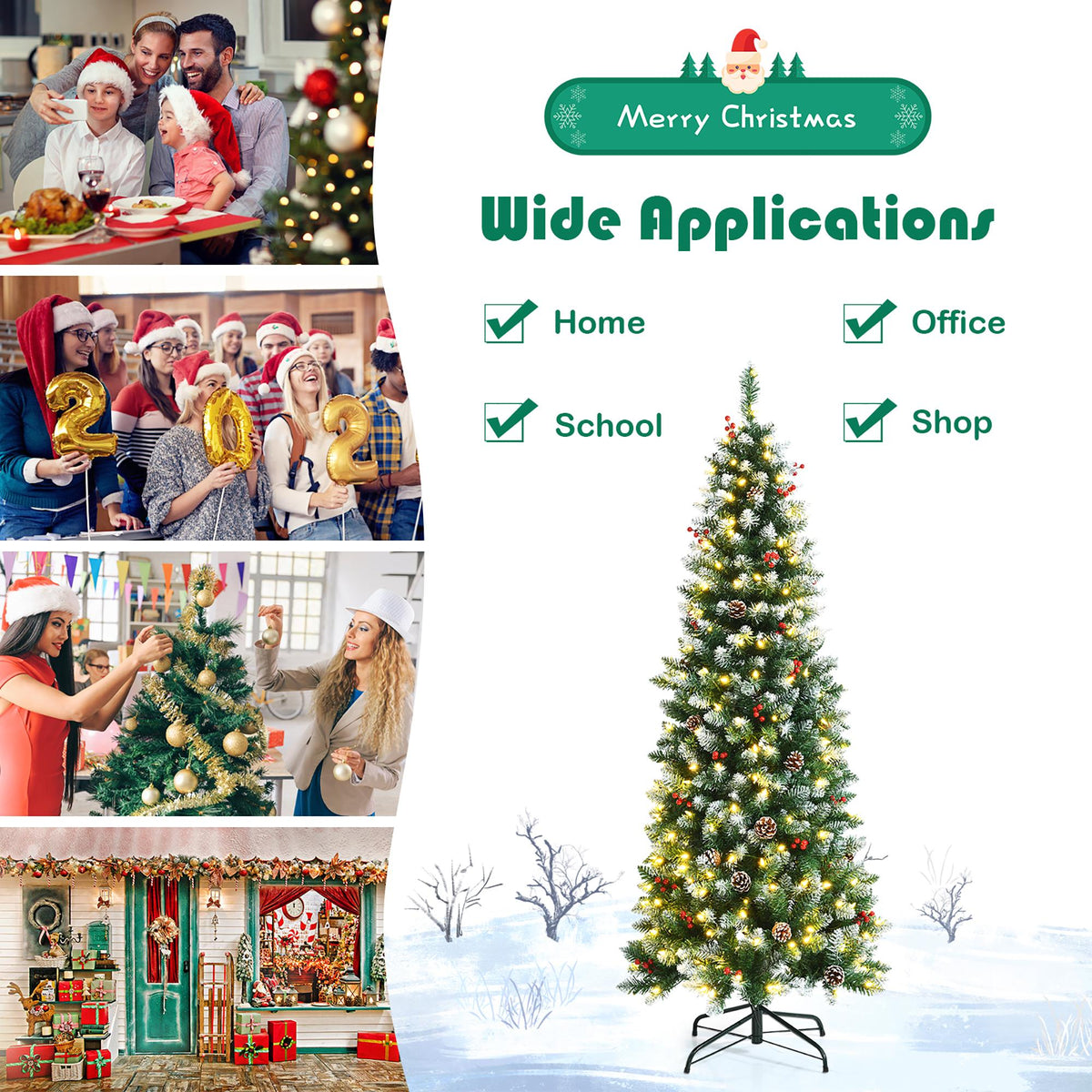 6ft Pre-lit Artificial Hinged Pencil Christmas Tree Decorated Snow Flocked Tips