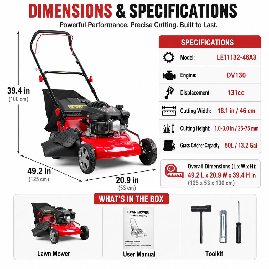 3 in 1 Self Propelled Gas Lawn Mower, 131cc 4-Stroke Engine with 50L Grass Bag &amp; Big Wheels, 3-in-1 Mulching/Side Discharge/Rear Bag, Push Button Start for Medium to LarLawns Red