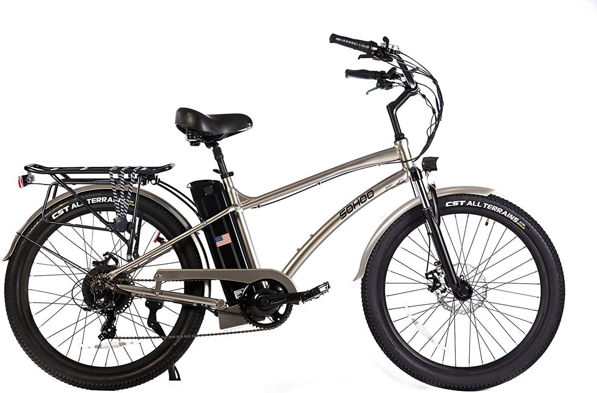 SOHOO 48V500W12Ah 26 Inches Adult Step-Over Beach Cruiser Electric Bicycle City E-Bike Mountain Bike(Silver)