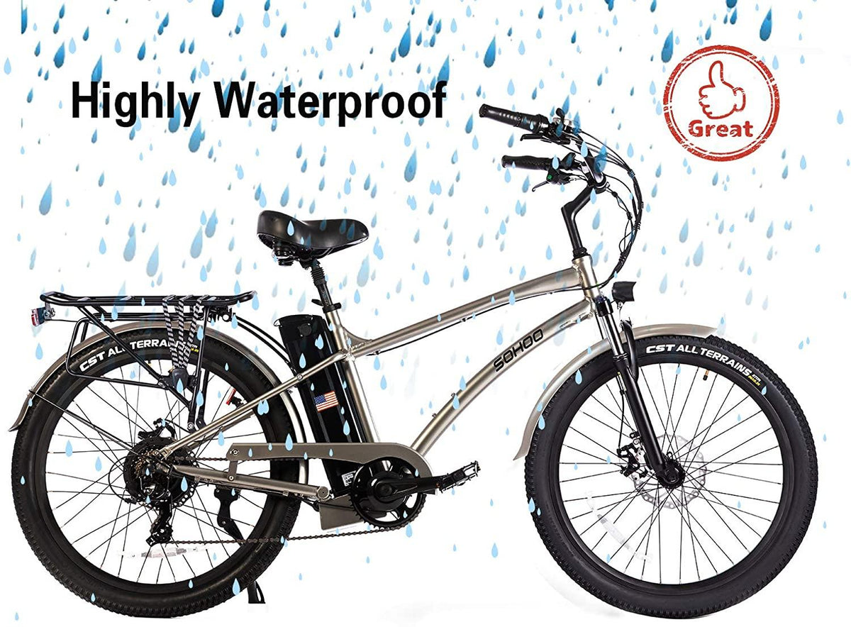 SOHOO 48V500W12Ah 26 Inches Adult Step-Over Beach Cruiser Electric Bicycle City E-Bike Mountain Bike(Silver)