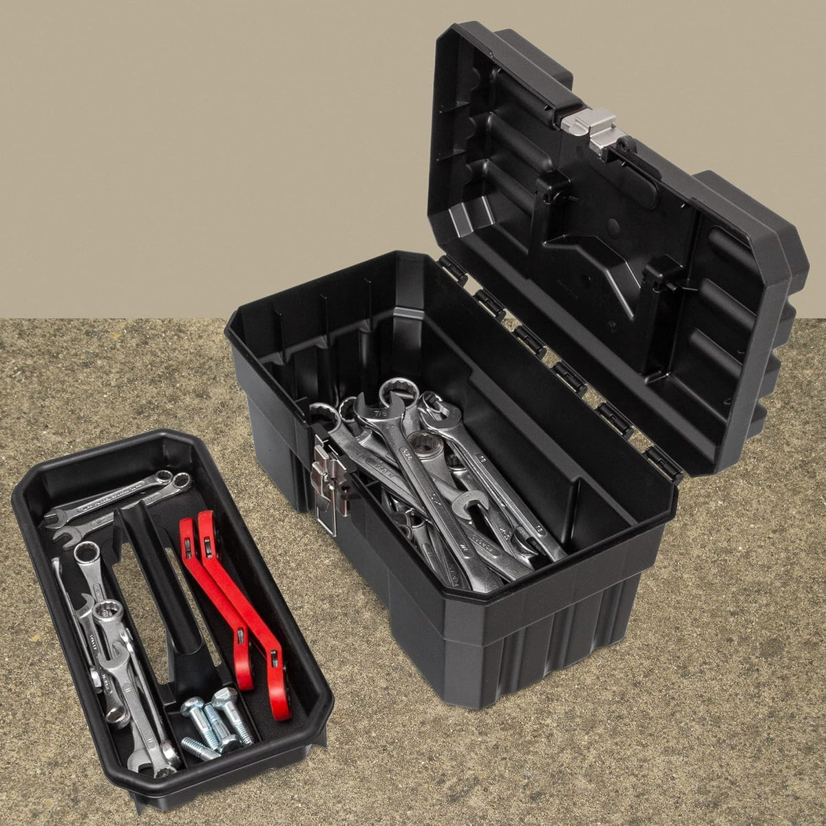 14-Inch Plastic Toolbox with Removable Tray, Steel Latch & Padlock Eye, Industrial-Grade Tool Box for Tools, Crafts, First Aid & Hobby Supplies, 14" x 8" x 8", Made in USA, Black (09514)