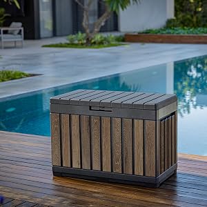 Signature Ever50 Gallon Resin Deck Box-Organization and Storafor Patio Cushions, Throw Pillows and Garden Tools, Walnut