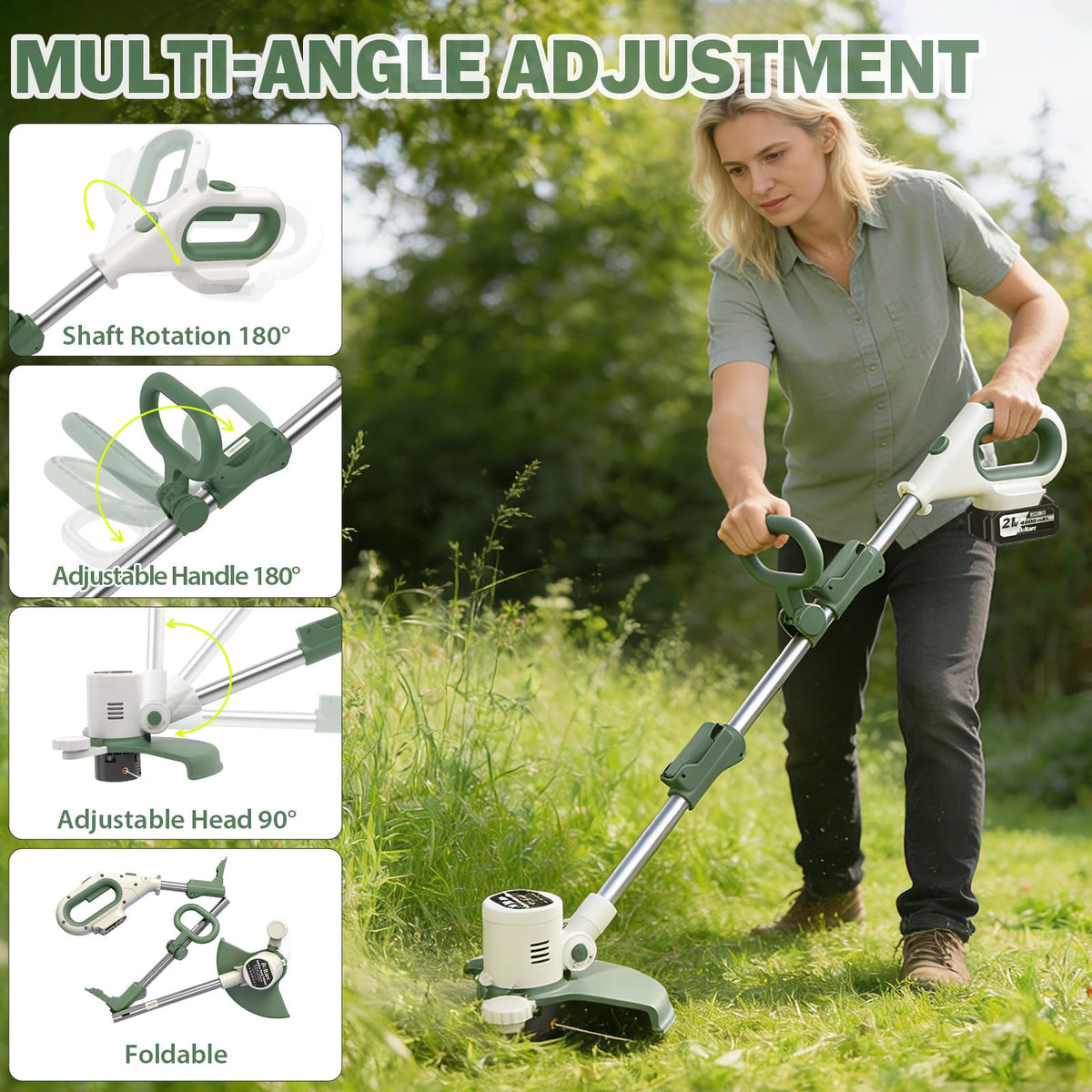 21V 3-in-1 Cordless Weed Wacker Eater-Weeding/Trimming/Lawn Mower, with 8 Replace Auto Line Feed, Electric Grass Trimmer for Garden, Lawn, 120 Mins of Non-Stop (2x4.0 mAh Battery Included)
