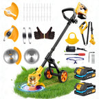 Electric Weed Wacker Cordless with Wheels,Electric Weed Eater Battery Powered,4 in 1 Grass Trimmer/Brush Cutter/Grass Edger/Small Lawn Mower,No String Trimmer with Metal Blade,2 Battery