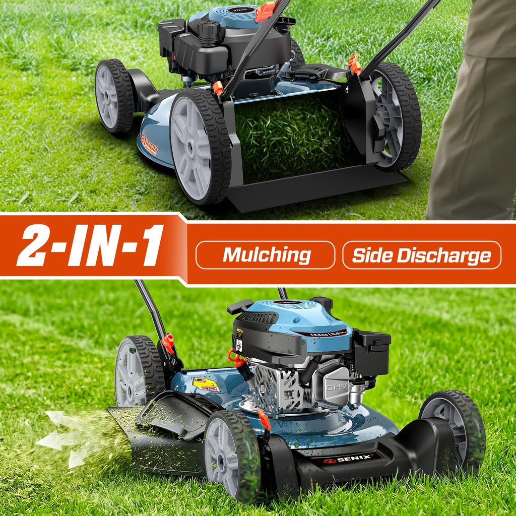 144 cc Gas Lawn Mower, 21 inch 2-in-1 Push with Mulching and Side Discharge, 4-Cycle Engine, 6 Position Cutting Height Adjustment for Yard and Garden
