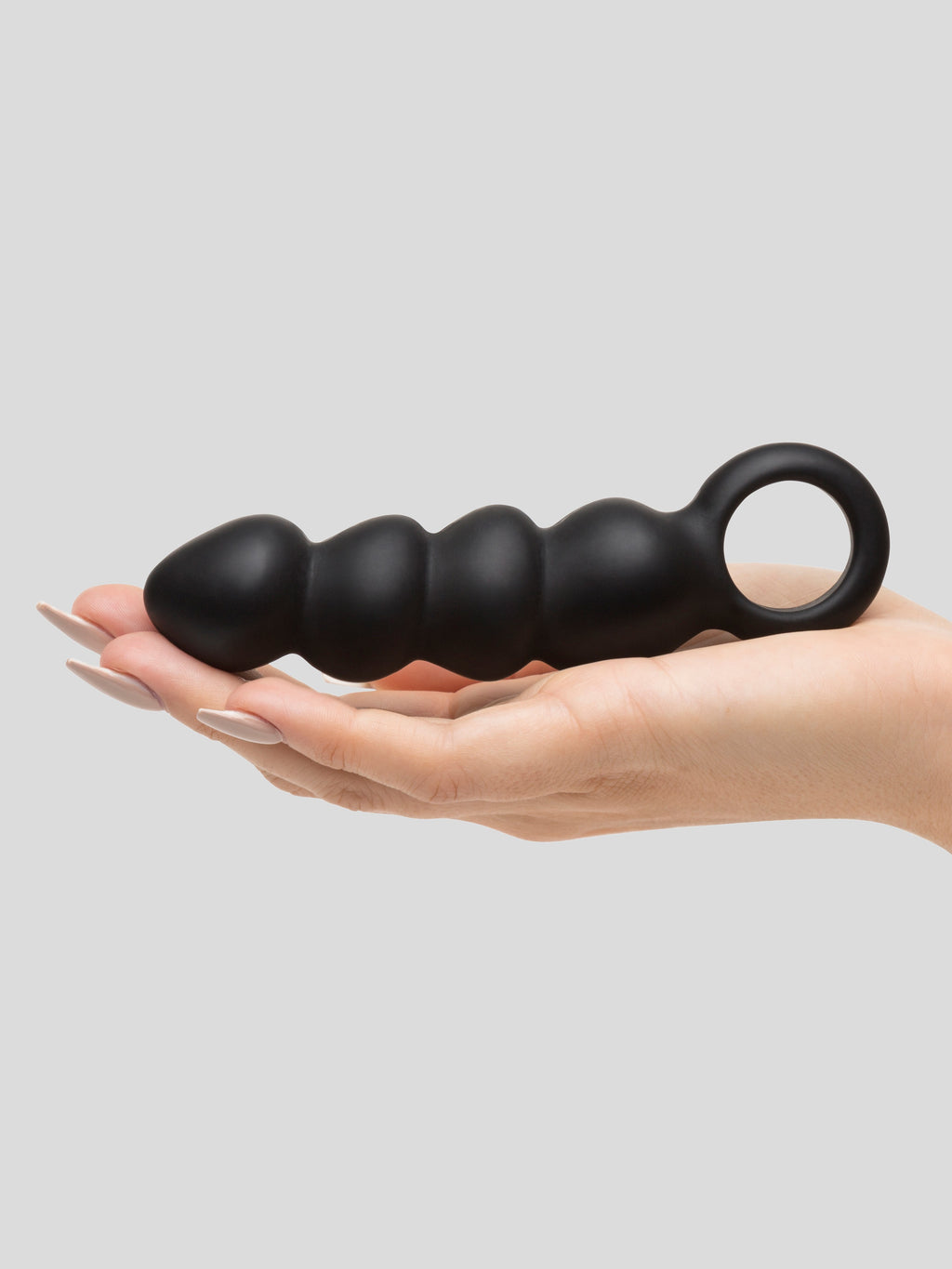 Beaded Silicone Butt Plug with Finger Loop, Black