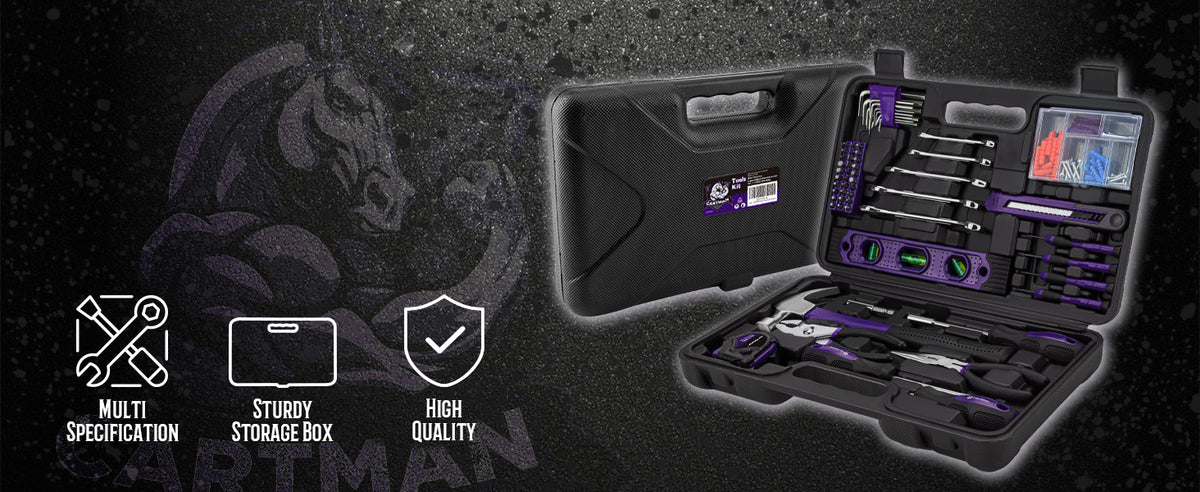 152-Piece Household Tool Set, Purple Hand Kit With StoraCase Box | Complete tool assortment for home repairs, office fixes, dorm needs, furniture setup, crafting, and everyday household fixes.