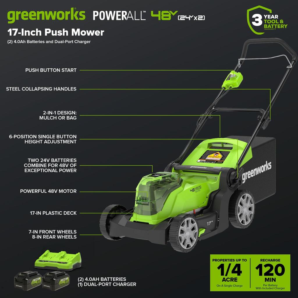 48V (24V x 2) 17" Cordless (Push) Lawn Mower (200+ Compatible Tools), (2) 4.0Ah Batteries and Dual Port Rapid Charger Included