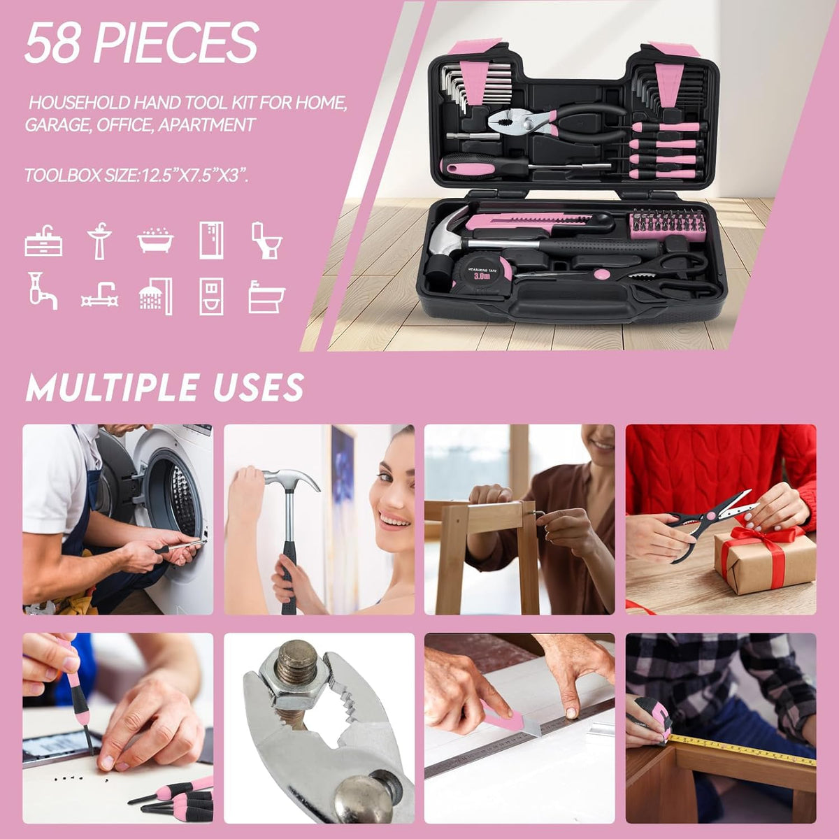 58 Piece Household Tool Set, General Household Hand Tool Kit with Plastic Toolbox StoraCase, All Purpose Household Tool Kit for Women, Girls and Ladies, Pink