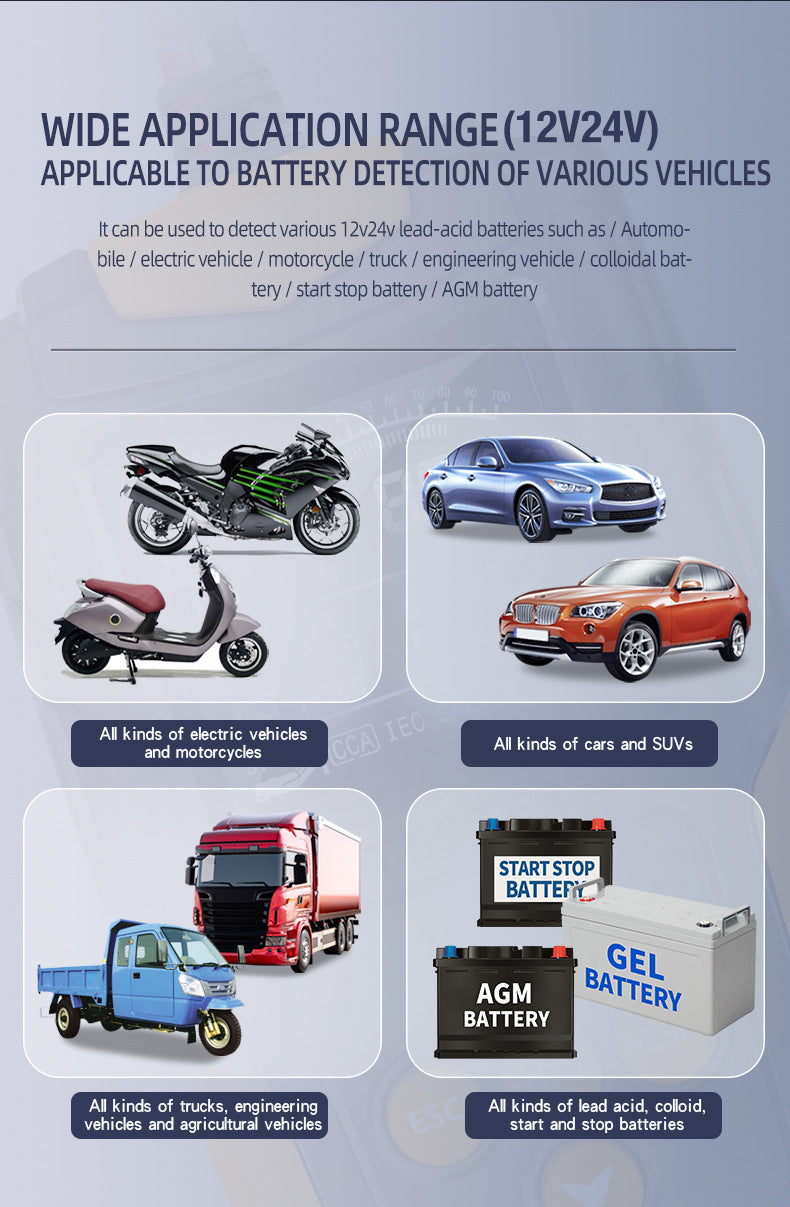 12V/24V Automotive Battery & Alternator Tester - Digital Analyzer for Cran& Charging Systems - Test Ran3Ah - 200Ah