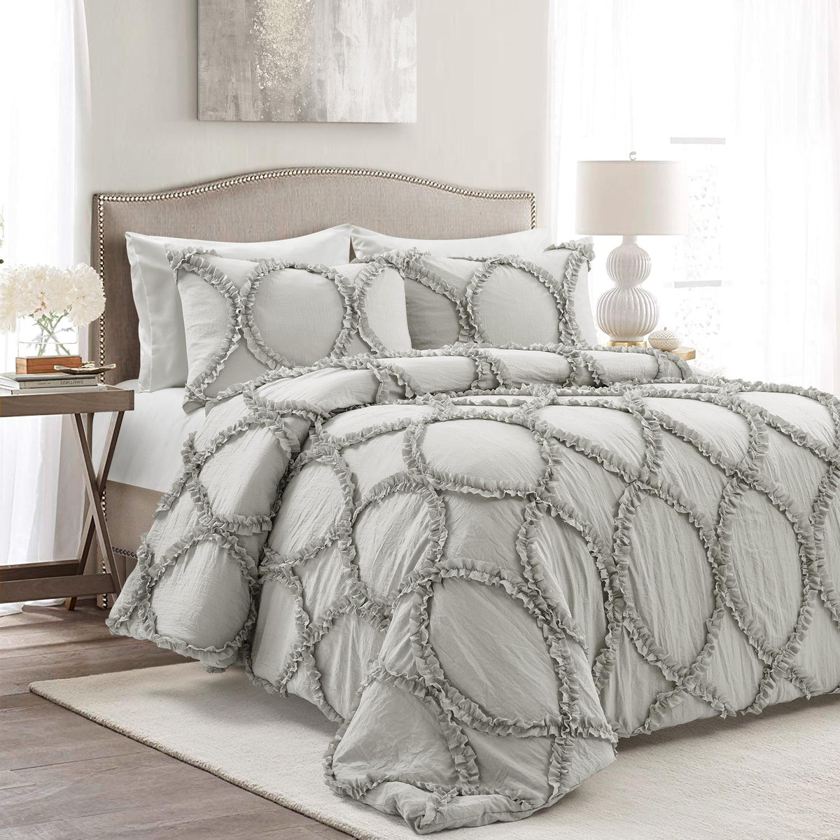 Lush Decor Riviera Ruffle Comforter, Queen, Light Gray, 3-Pc Set