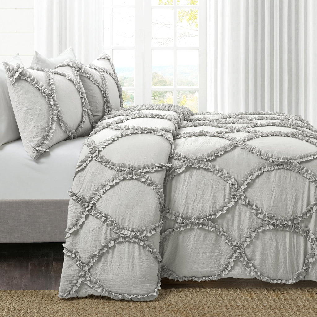 Lush Decor Riviera Ruffle Comforter, Queen, Light Gray, 3-Pc Set