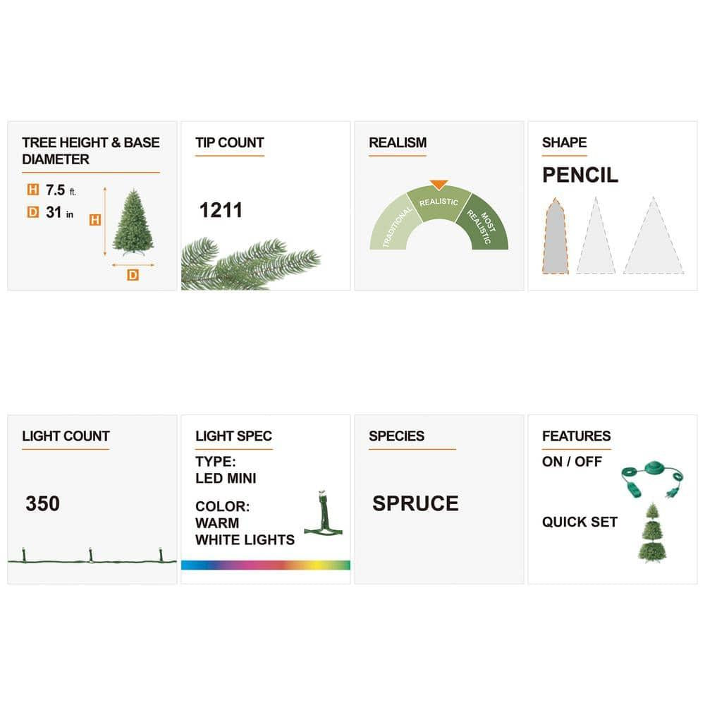 7.5 ft. Pre-Lit Flocked Pencil Spruce Artificial Christmas Tree with 350 Warm White Lights