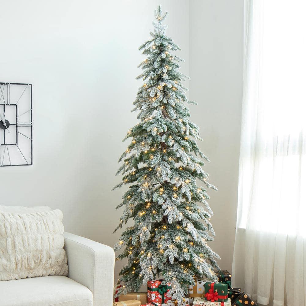 7.5 ft. Pre-Lit Flocked Pencil Spruce Artificial Christmas Tree with 350 Warm White Lights