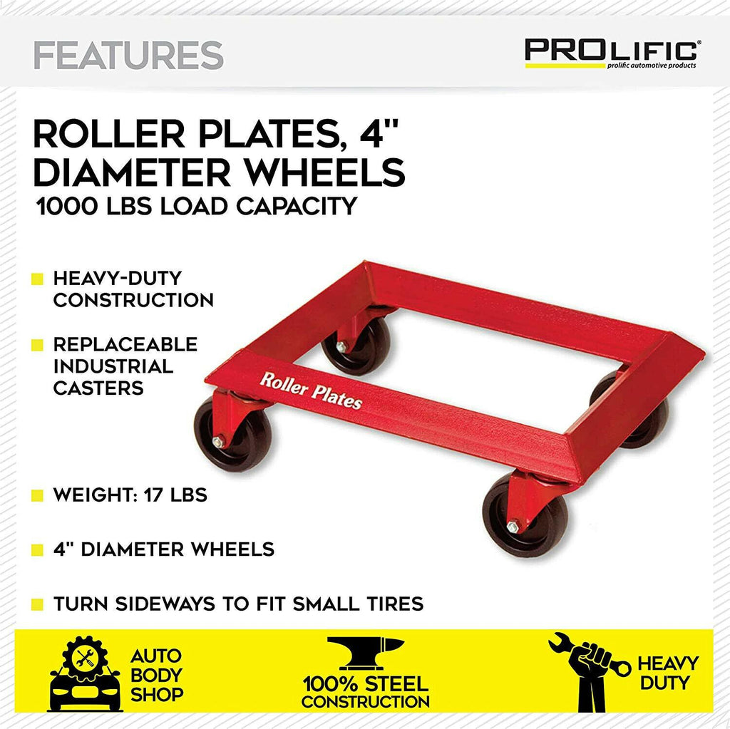 Prolific Roller Plate Car Body Dolly 1000 lbs Capacity - Heavy Duty Steel