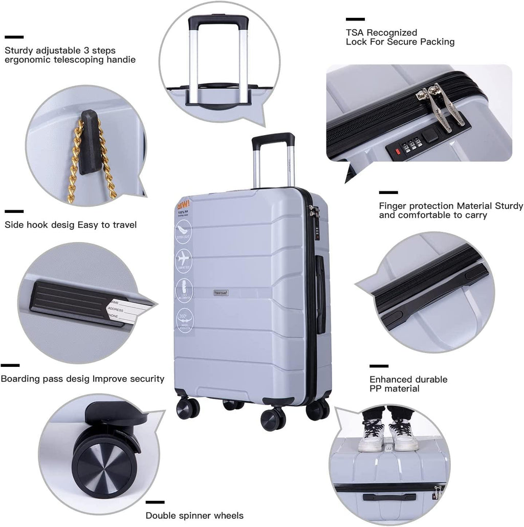 PP Hardshell Luggage Set of 3, Hardcase Expandble Suitcase Set 3piece with TSA Lock Spinner Carry on 20in/24in/28in For Unisex(Silver)