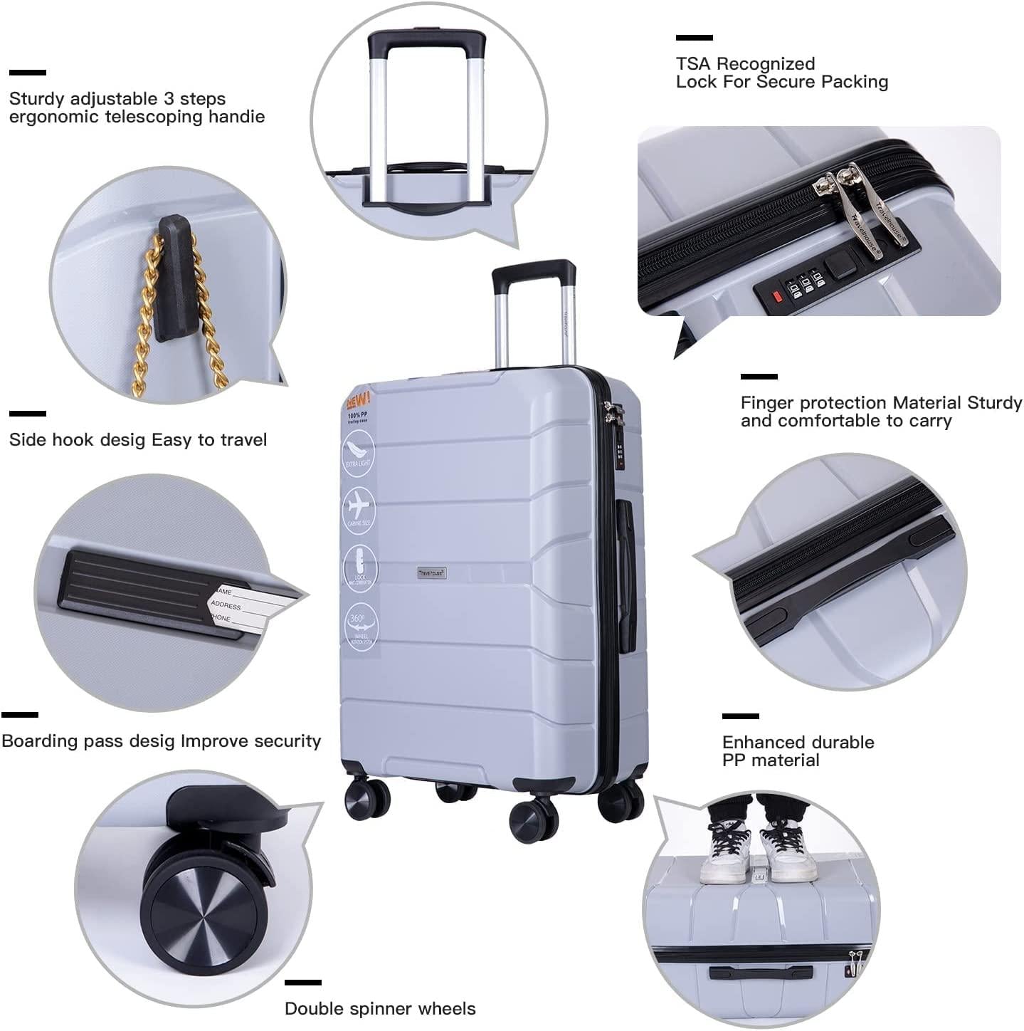 PP Hardshell Luggage Set of 3, Hardcase Expandble Suitcase Set 3piece with TSA Lock Spinner Carry on 20in/24in/28in For Unisex(Silver)