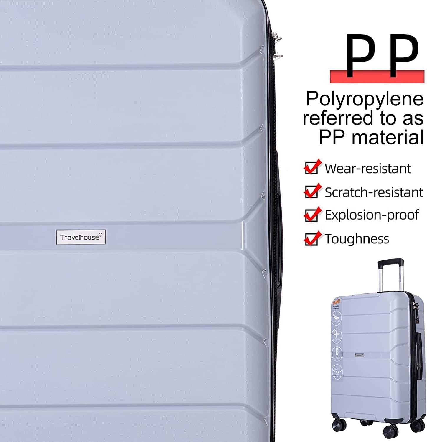 PP Hardshell Luggage Set of 3, Hardcase Expandble Suitcase Set 3piece with TSA Lock Spinner Carry on 20in/24in/28in For Unisex(Silver)